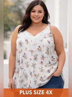 Pennington’s White Floral Lace V-Neck Tank Top 4X Plus Size Boho Chic
